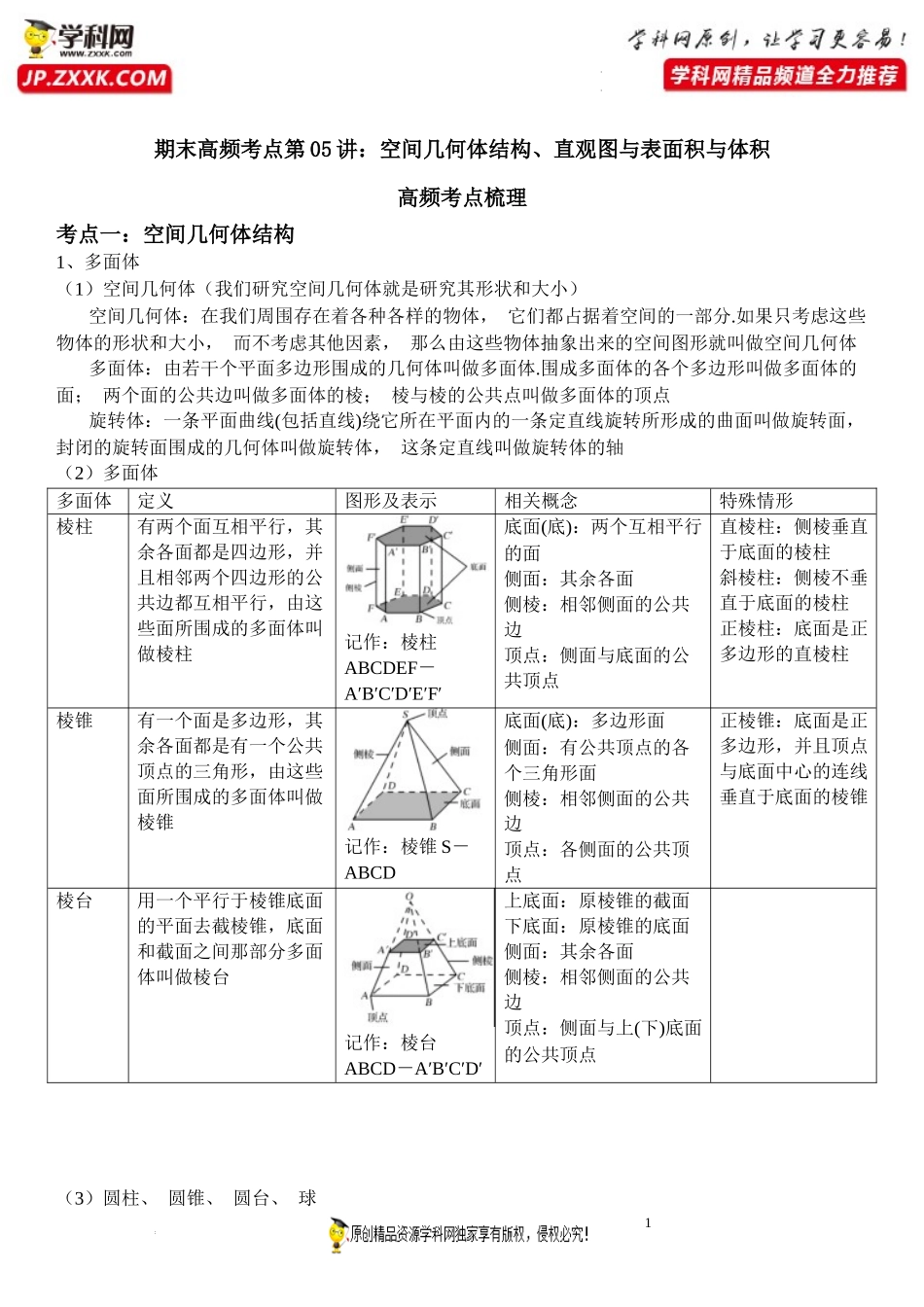 期末高频考点第05讲 空间几何体结构、直观图与表面积与体积-2021-2022学年高一数学下学期《考点·题型·密卷》期末精讲精练高效复习专题（人教A版2019必修第二册）.docx_第1页