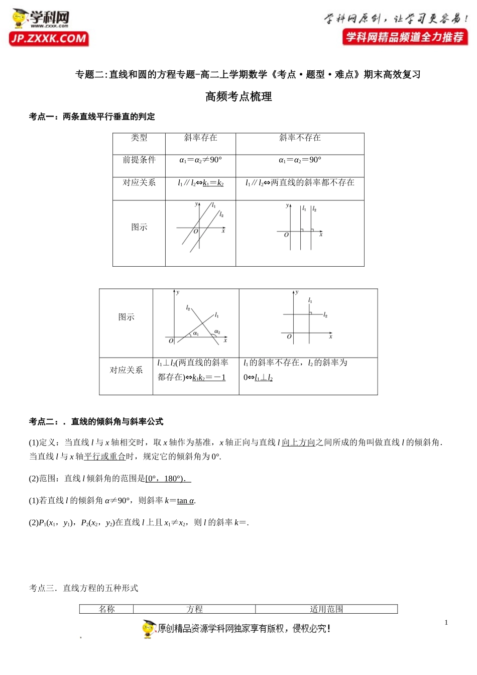 专题二 直线和圆的方程（考点题型归纳）-2021-2022学年高二数学上学期《考点•题型•难点》期末高效复习（人教A版2019选择性必修第一、二册）.doc_第1页