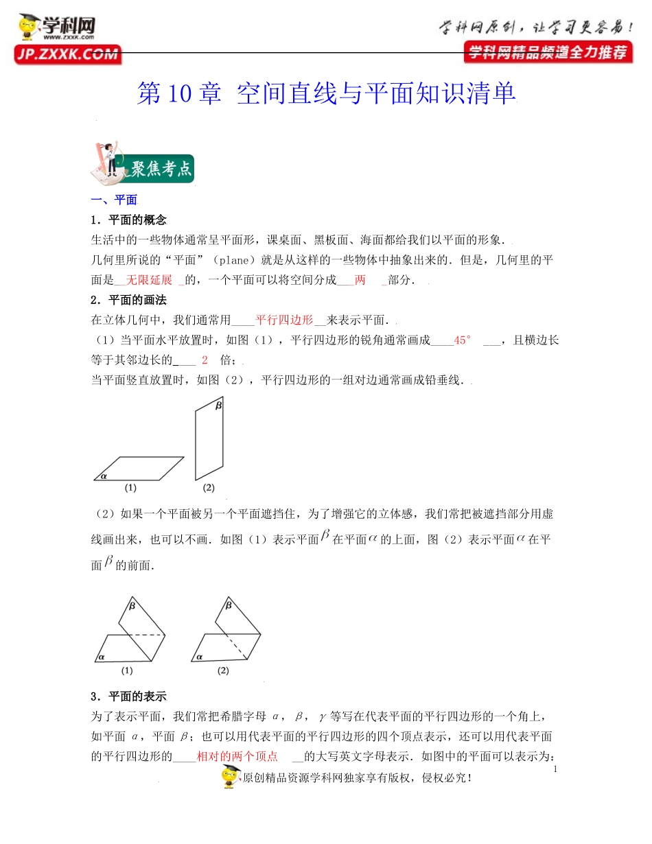 [30128602]第10章 空间直线与平面（知识清单）-2021-2022学年高二数学上学期期中期末考试满分全攻略（沪教版2020）.docx_第1页
