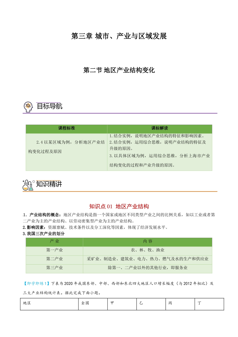 3.2 地区产业结构变化（学生版）-高二地理同步精品讲义（人教版2019选择性必修2）.doc_第1页