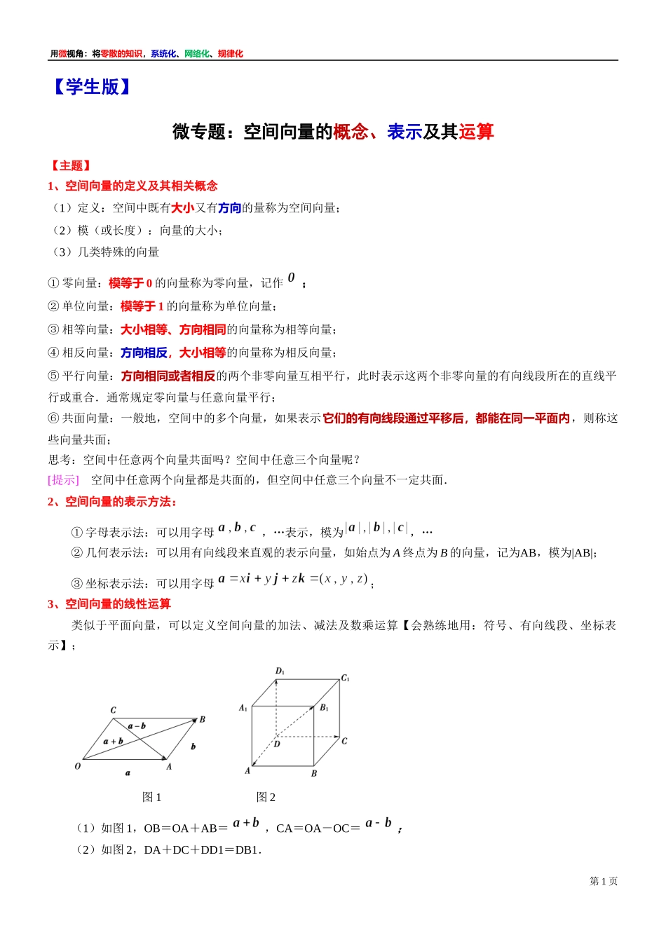 2 微专题：空间向量的概念 表示及其运算(用空间向量解答立体几何问题)-上海外国语大学附属浦东外国语学校2022届高考数学二轮复习专题讲义.docx_第1页