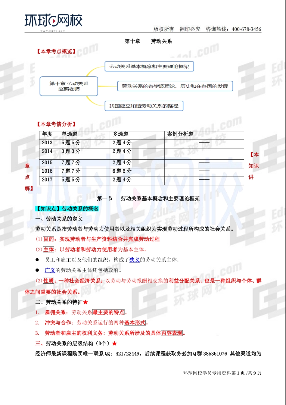 2018中级经济师-人力-精讲班【赵照】-51、第10章劳动关系-第1节劳动关系基本概念和主要理论架.doc_第1页