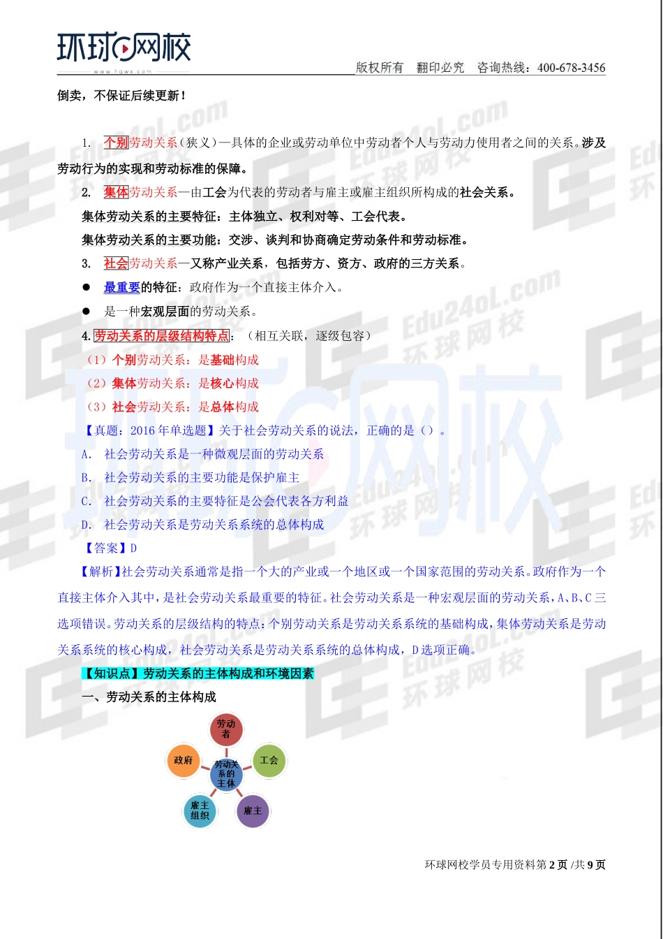 2018中级经济师-人力-精讲班【赵照】-51、第10章劳动关系-第1节劳动关系基本概念和主要理论架.doc_第2页