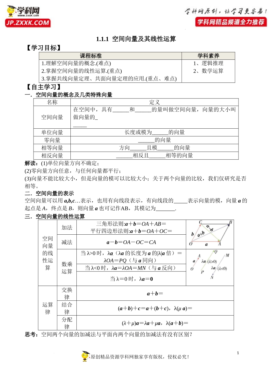 1.1.1 空间向量及其线性运算（学案）-2022-2023学年高二数学同步精品课堂（人教A版2019选择性必修第一册）.docx_第1页