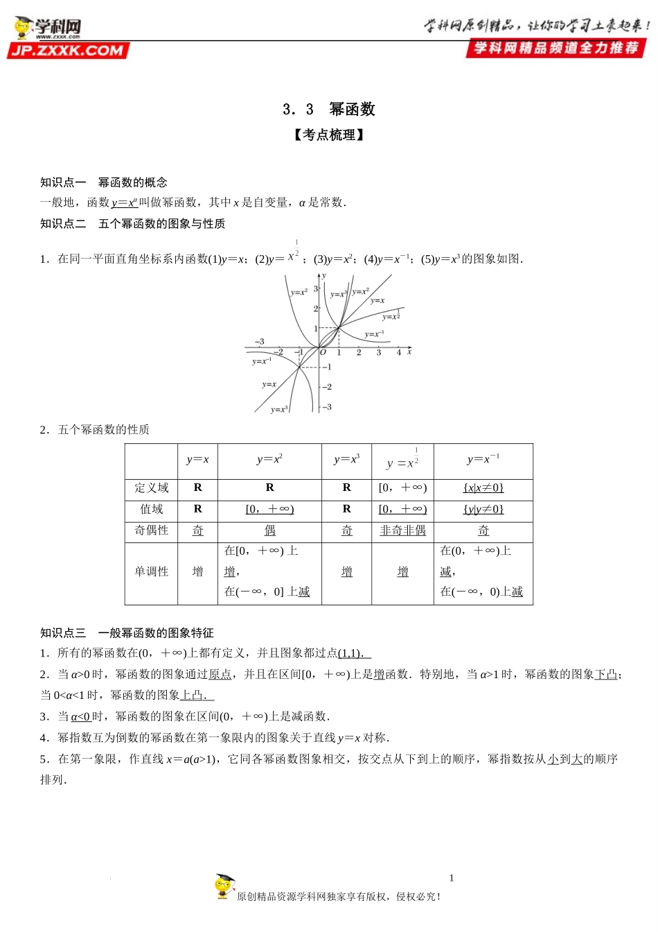 3.3 幂函数-2022-2023学年高一数学《考点•题型•技巧》精讲与精练高分突破系列（人教A版2019必修第一册）.docx_第1页