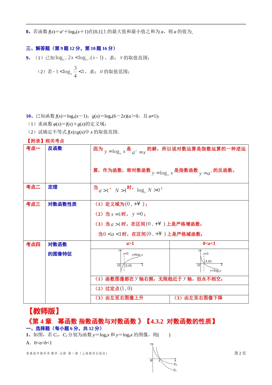 4.3.2对数函数的性质 “四基”测试题-2021-2022学年高一上学期数学沪教版(2020)必修第一册.doc_第2页