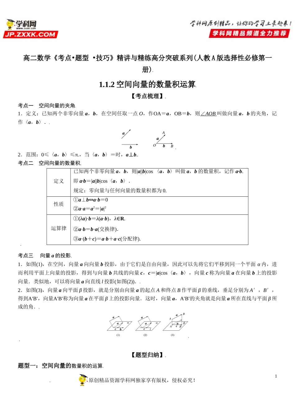 1.1.2 空间向量的数量积运算-2021-2022学年高二数学《考点•题型 •技巧》精讲与精练高分突破（人教A版2019选择性必修第一册）.doc_第1页