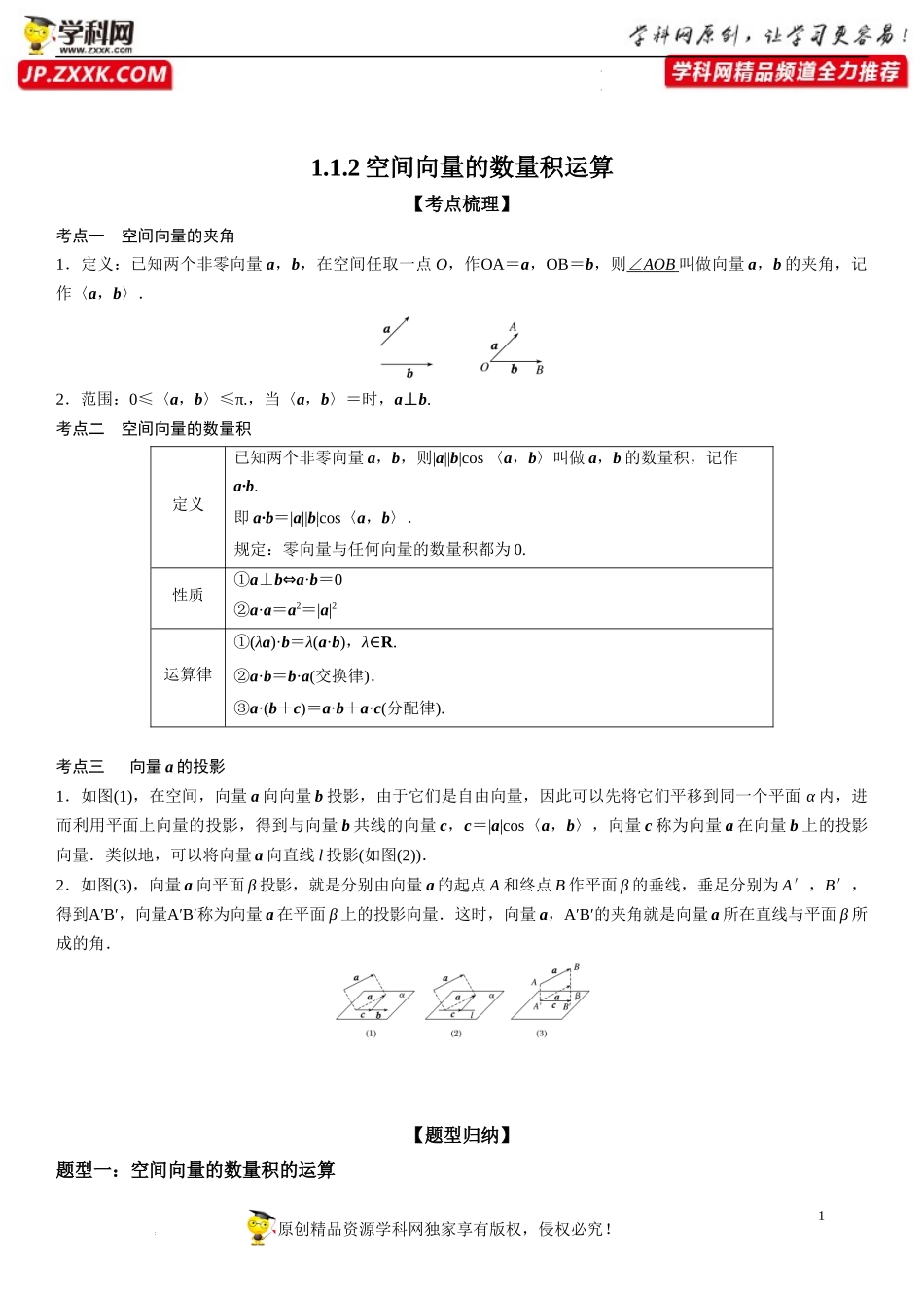 1.1.2 空间向量的数量积运算-2022-2023学年高二数学《考点•题型 •技巧》精讲与精练高分突破系列（人教A版2019选择性必修第一册）.docx_第1页