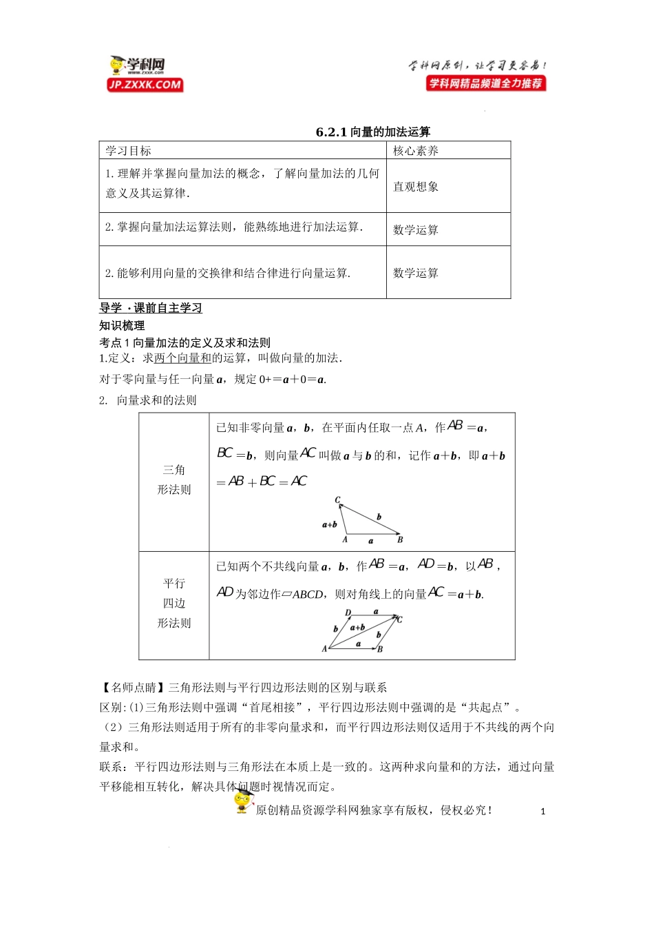 [33034561]6.2.1向量的加法运算-2021-2022学年高一新教材配套学案（人教A版必修2 ）.docx_第1页