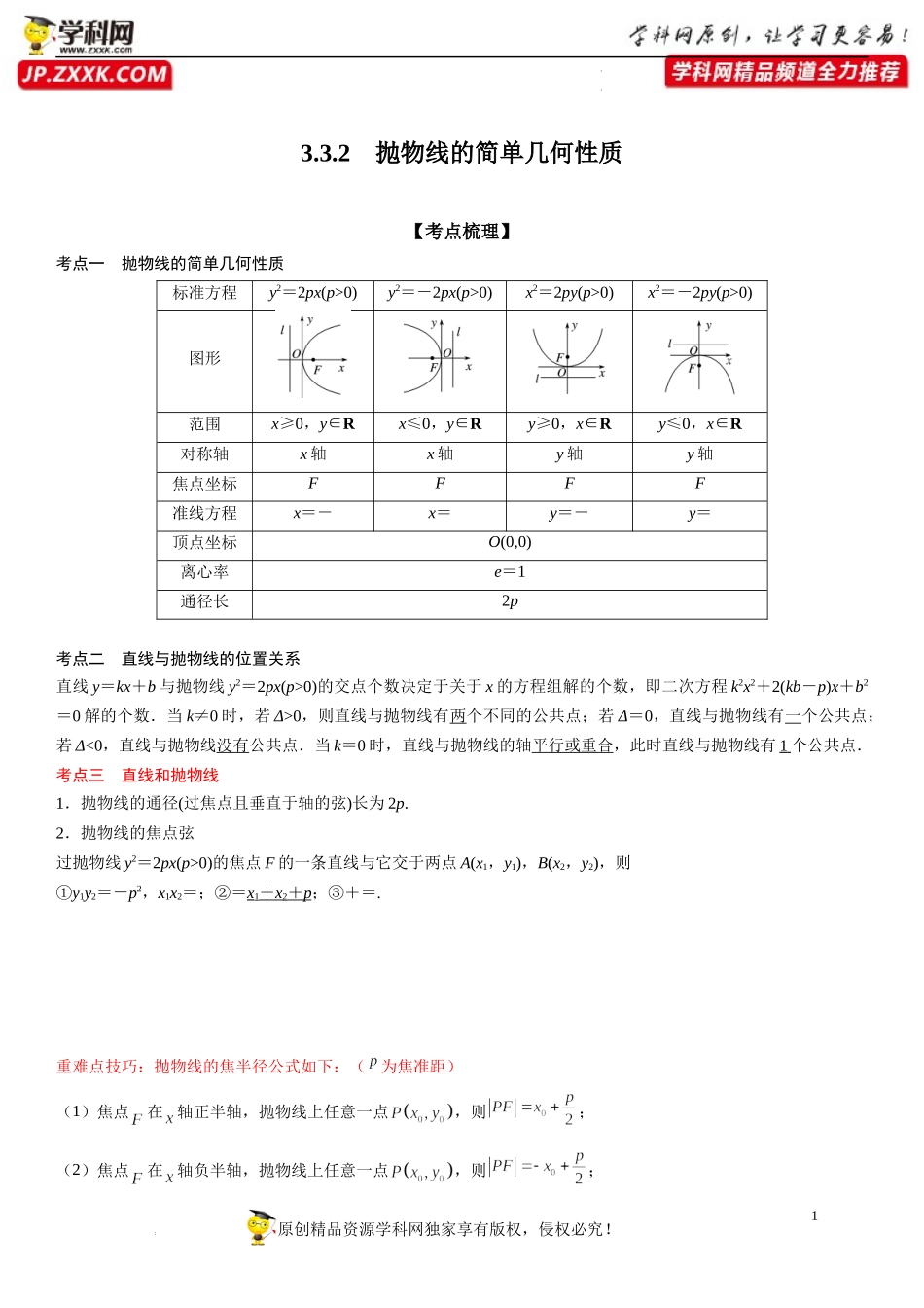 3.3.2 抛物线的简单几何性质-2022-2023学年高二数学《考点•题型 •技巧》精讲与精练高分突破系列（人教A版2019选择性必修第一册）.docx_第1页