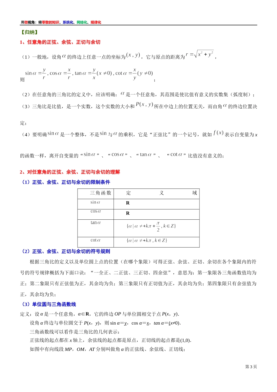 2、微专题：任意角的正弦 余弦 正切 余切-讲义-2021-2022学年高中数学沪教版（2020）必修第二册.docx_第3页
