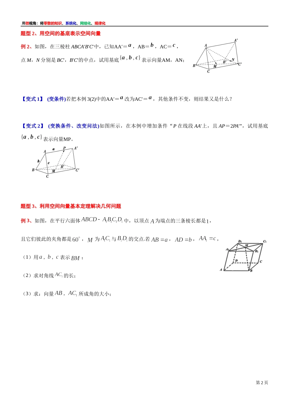 3 微专题：空间向量基本定理及其初步应用(用空间向量解答立体几何问题)-上海外国语大学附属浦东外国语学校2022届高考数学二轮复习专题讲义.docx_第2页