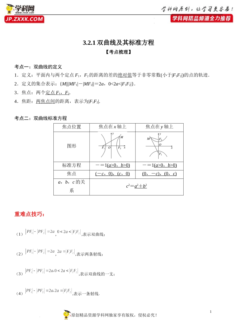 3.2.1 双曲线及其标准方程-2022-2023学年高二数学《考点•题型 •技巧》精讲与精练高分突破系列（人教A版2019选择性必修第一册）.docx_第1页