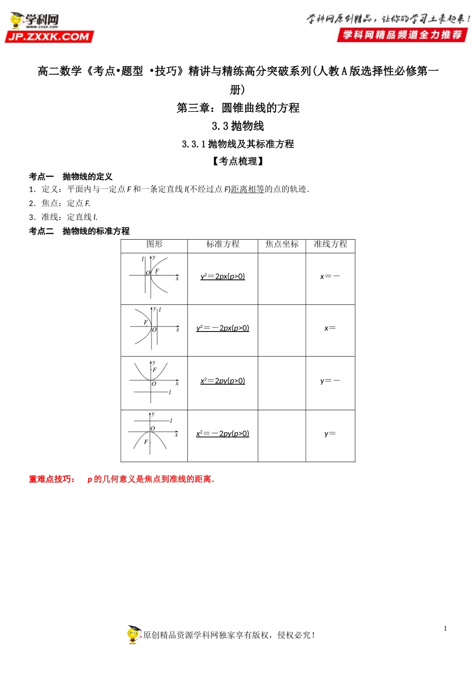 3.3.1 抛物线及其标准方程-2021-2022学年高二数学《考点•题型 •技巧》精讲与精练高分突破（人教A版2019选择性必修第一册）.doc_第1页
