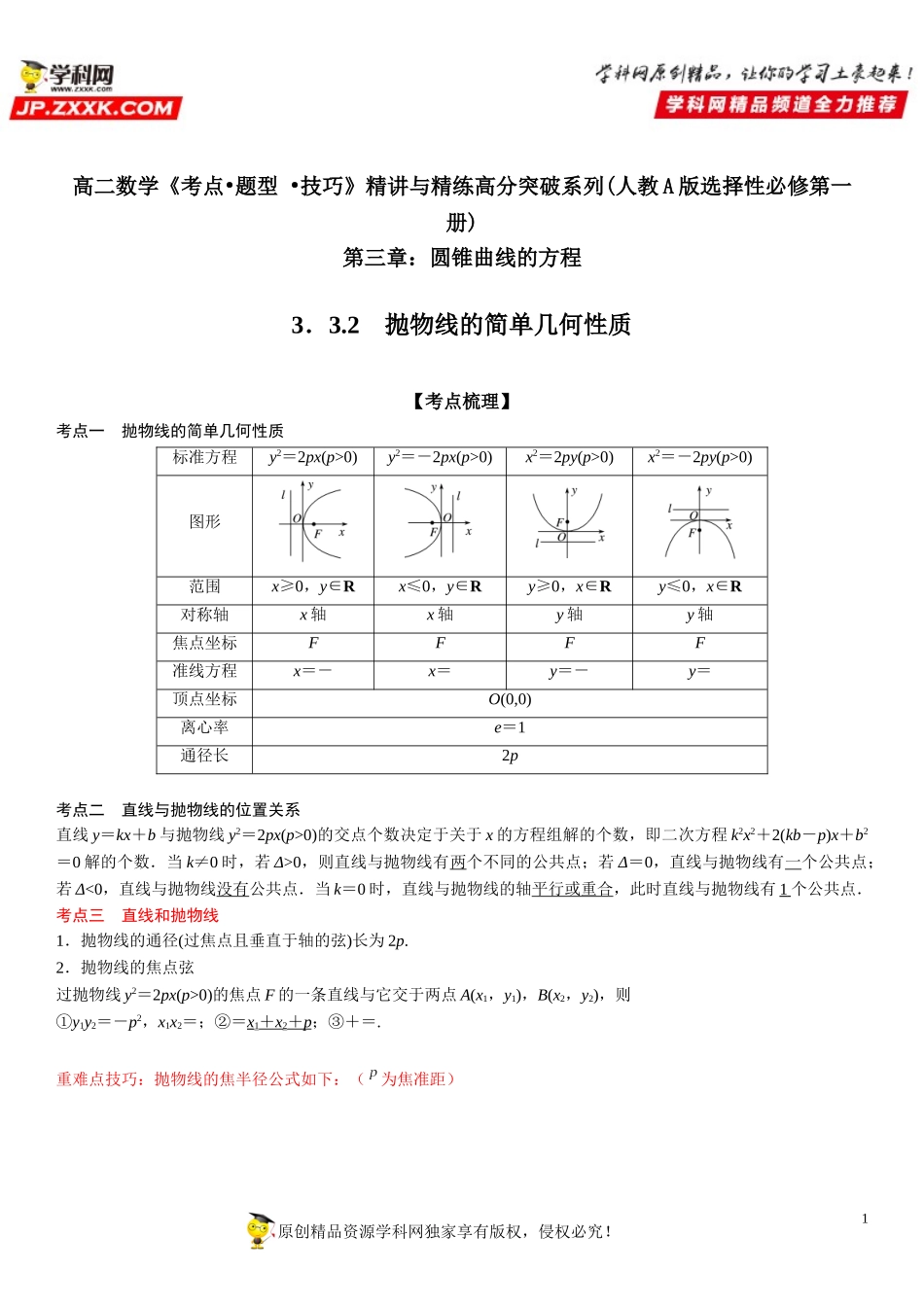 3.3.2 抛物线的简单几何性质-2021-2022学年高二数学《考点•题型 •技巧》精讲与精练高分突破（人教A版2019选择性必修第一册）.doc_第1页