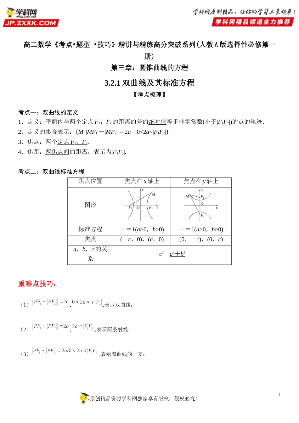 3.2.1 双曲线及其标准方程-2021-2022学年高二数学《考点•题型 •技巧》精讲与精练高分突破（人教A版2019选择性必修第一册）.doc_第1页