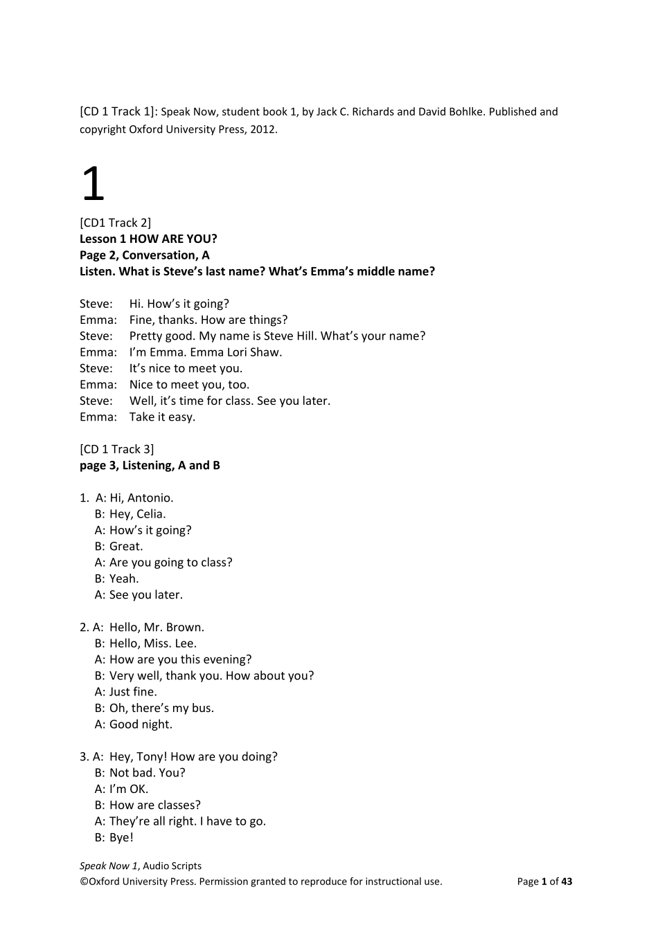 Speak Now 1 Class Audio Script.pdf_第1页