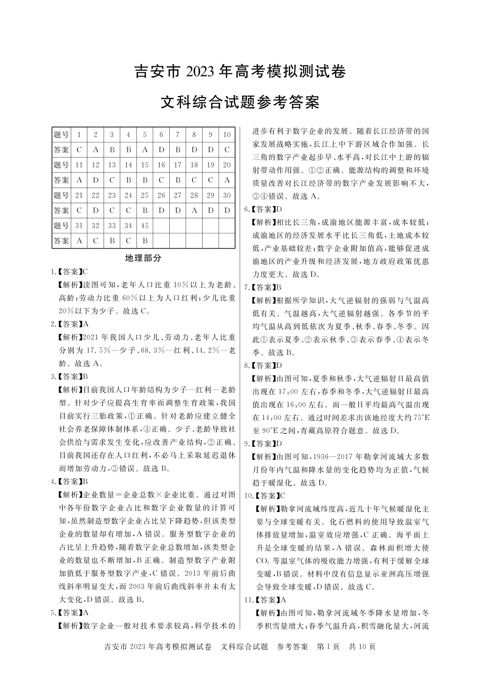 2023届江西省吉安市高考模拟测试（一模）文科综合试题答案.pdf_第1页