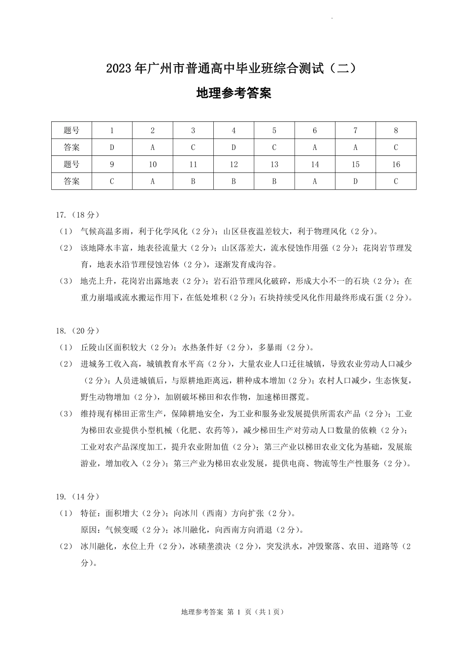 2023年广州市普通高中毕业班综合测试（二）地理答案.pdf_第1页