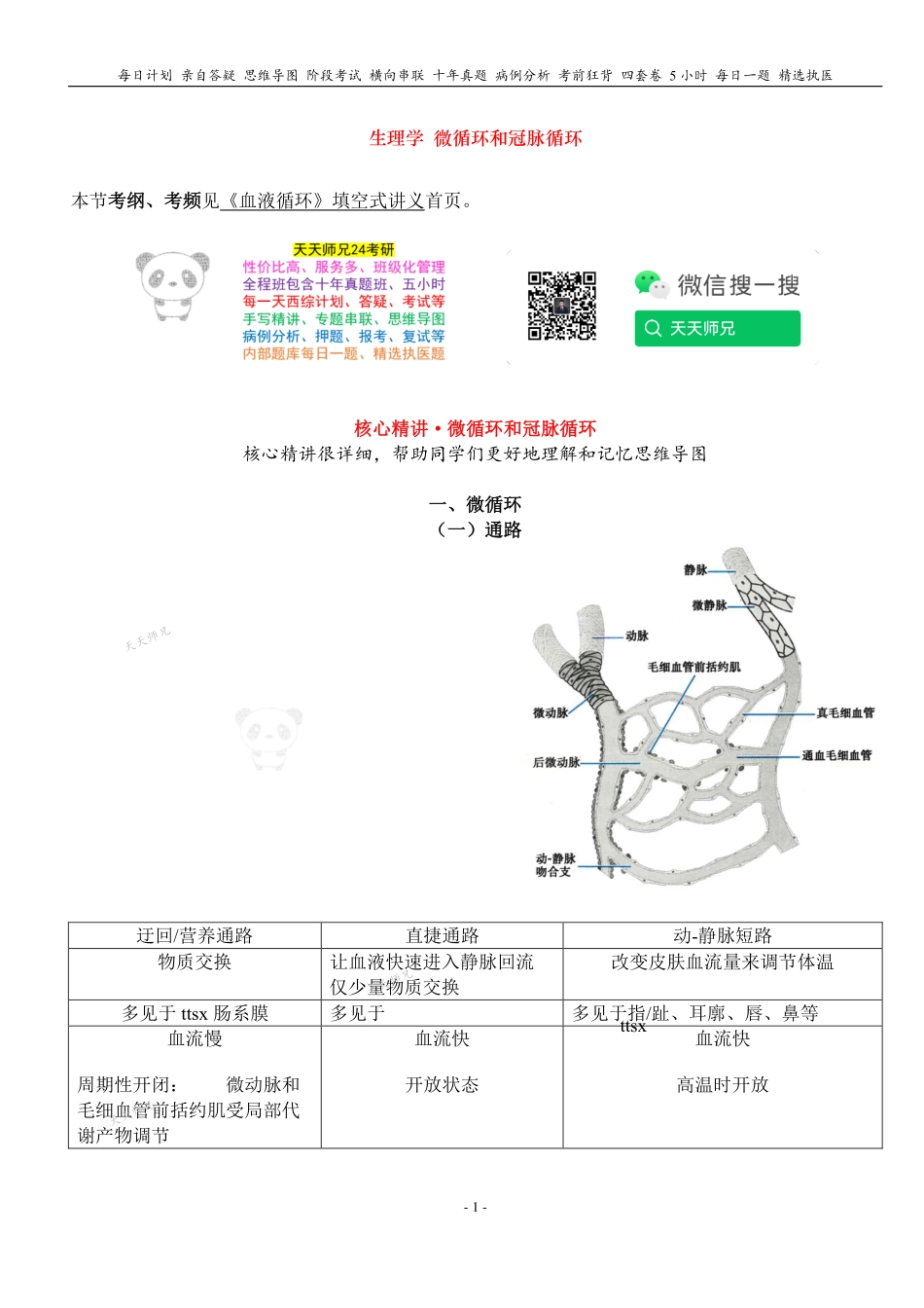 填空式讲义：生理 微循环和冠脉循环 核心-导图-真题-串联 天天师兄24考研 冲.pdf_第1页