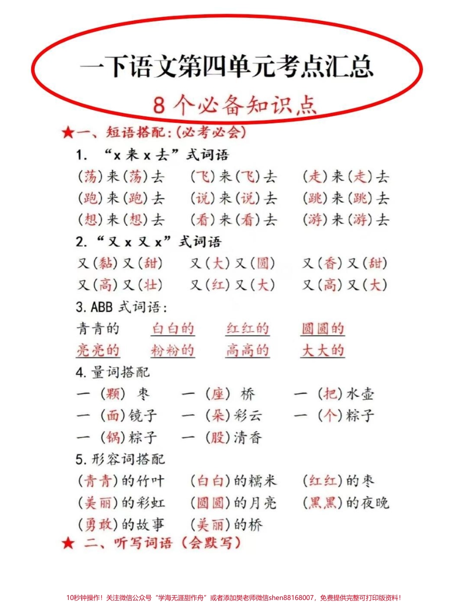 一年级第四单元考点汇总来啦！#一年级 #语文 #知识点 #一年级重点知识归纳 #考点.pdf_第1页