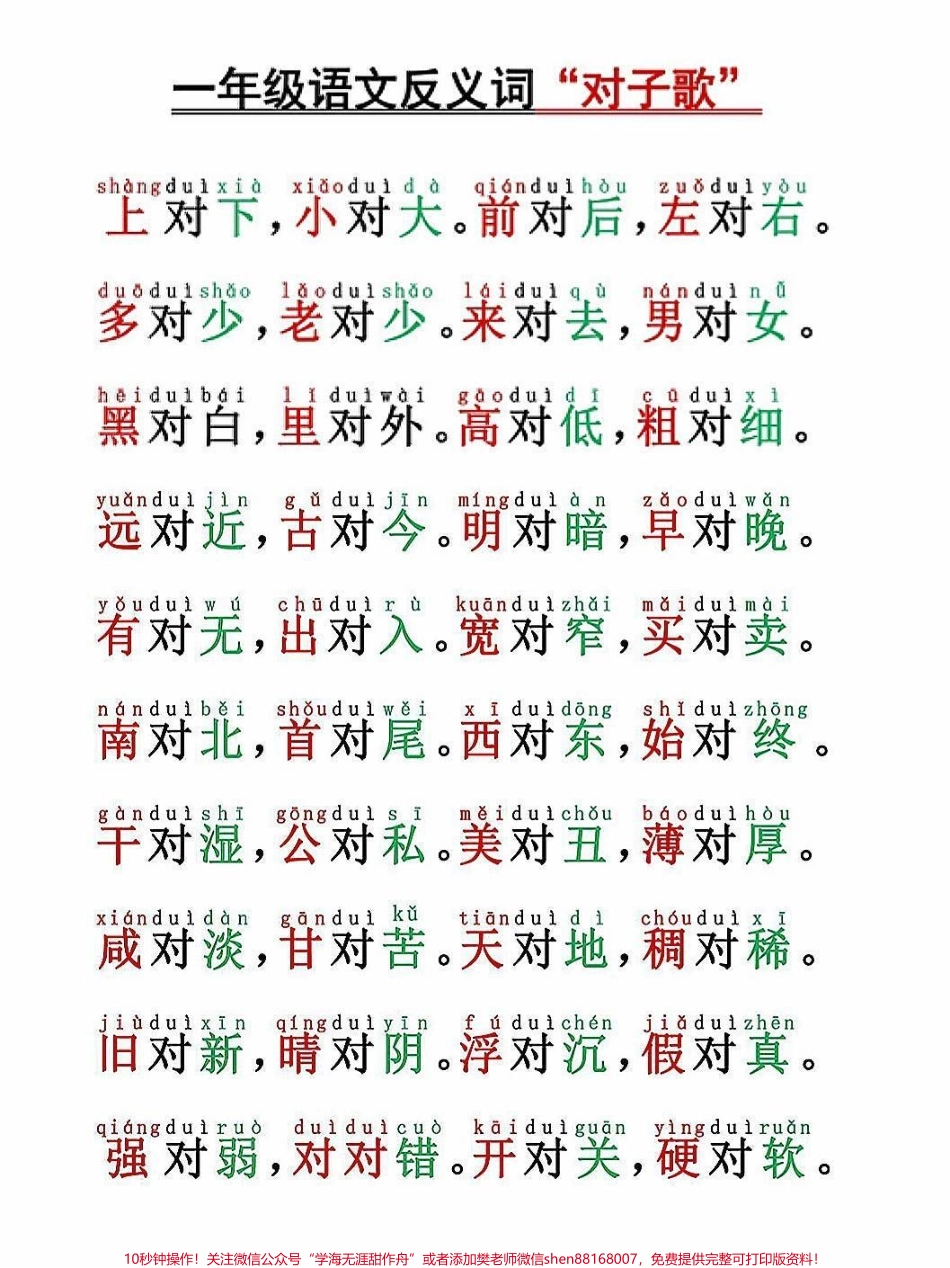一年级语文上册词语对韵歌（反义词）一年级语文上册词语对韵歌（反义词）对韵歌带娃一起练习#学霸秘籍 #小学语文怎么学 #每天学习一点点进步一点点 #关注我持续更新小学知识 #期末考试.pdf_第1页
