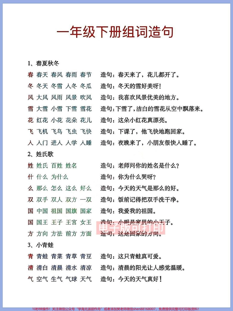 一年级语文下册班主任推荐组词+造句子专项练习打印出来给孩子练一练背一背#一年级重点知识归纳 #一年级语文 #组词造句 #造句子寒假预习.pdf_第1页