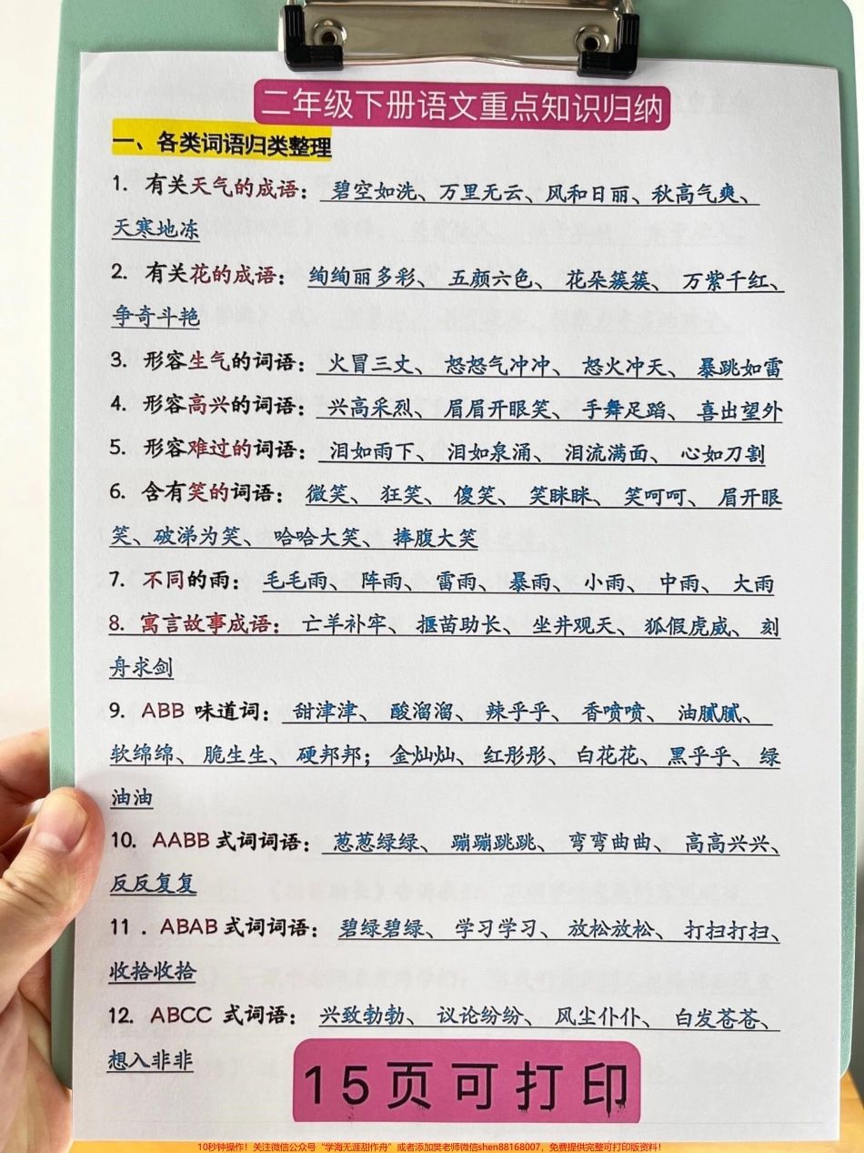 这份二年级下册语文必背重点知识点共有15页可供打印使用其中包含了重点词语、课文重点内容、说明道理等必背内容只有深入掌握这些内容才能在考试中取得好成绩冲刺98+建议家长打印出来让孩子学习背诵#二年级语文下册 #知识点总结 #必考考点 #二年级语文 #词语积累.pdf_第2页
