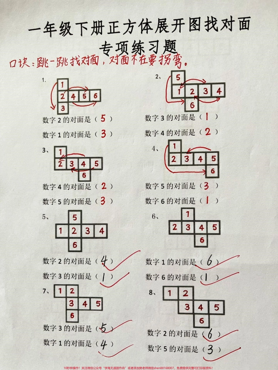 一年级下册数学第一单元正方体展开找对面一年级下册数学第一单元正方体展开找对面这是一年级孩子的一个重要考点经常出现在填空和选择题中这份专项练习打印一份给孩子练习一下考试不丢分#一年级数学 #知识分享 #一年级 #每天学习一点点 #开学季.pdf_第1页