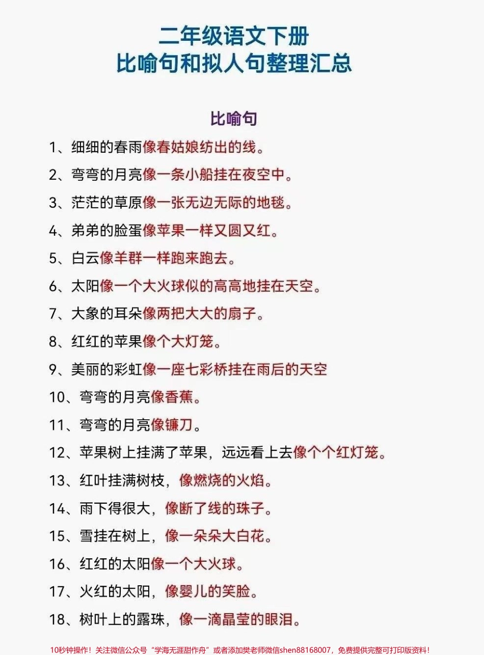 二年级下册比喻句和拟人句整理汇总二年级仿写句子汇总#仿写句子 #二年级语文下册 #二年级下册 #日积月累 #造句.pdf_第1页