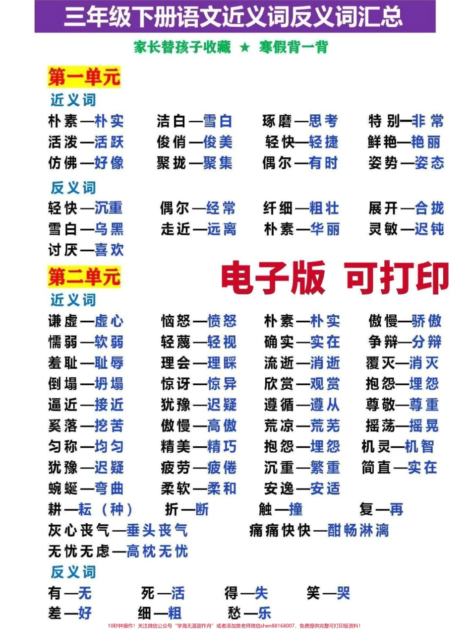 三年级语文下册近义词反义词大全三年级语文下册近义词反义词梳理汇总家长替孩子收藏打印寒假熟记#三年级 #三年级语文重点归纳 #三年级语文 #三年级语文下册 #三年级下册语文.pdf_第1页