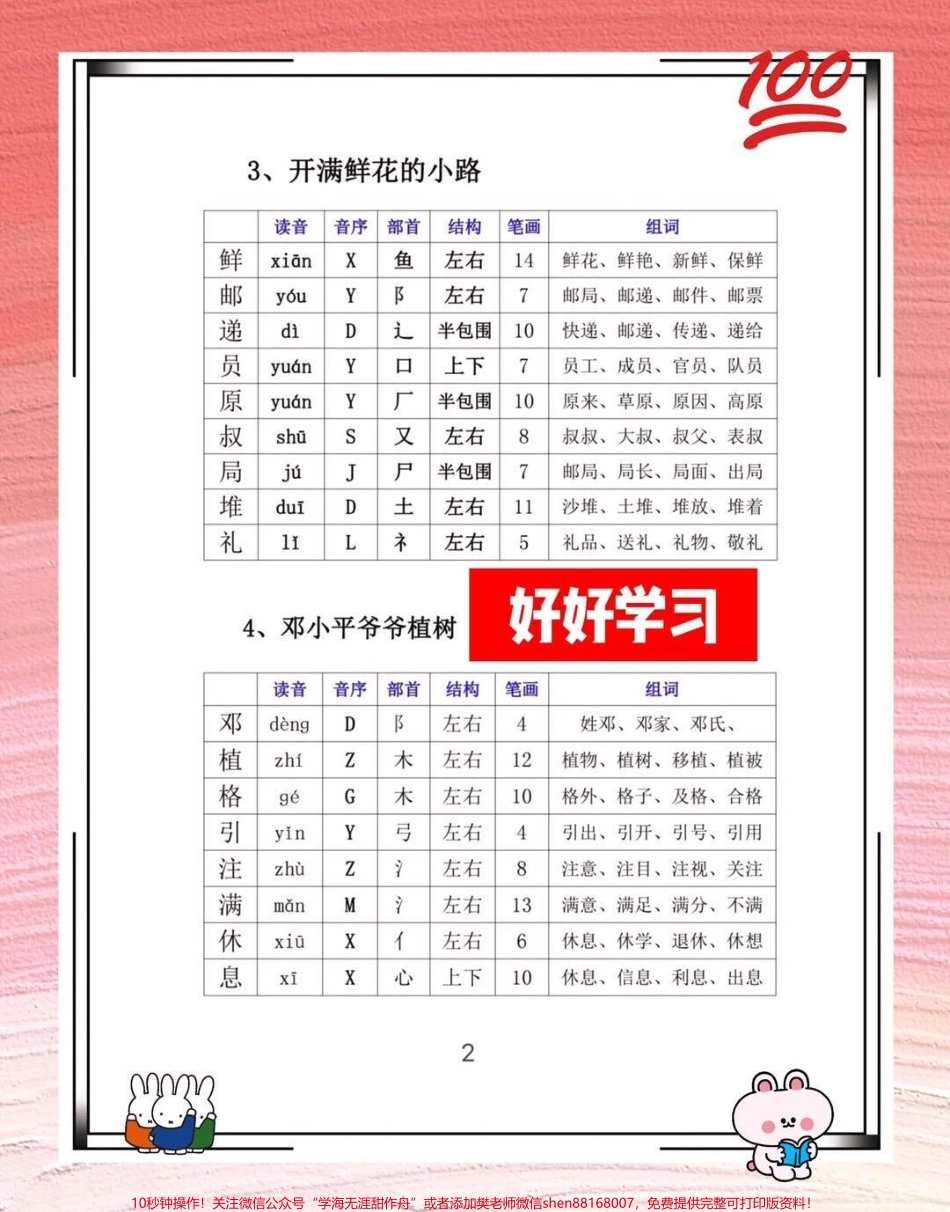 二年级语文下册生字电子版共24页可打印 结构 笔画 组词开学预习资料家长打印出来给孩子学习！#二年级语文 #预习 #同步生字 #小学语文知识点 #开学季.pdf_第3页