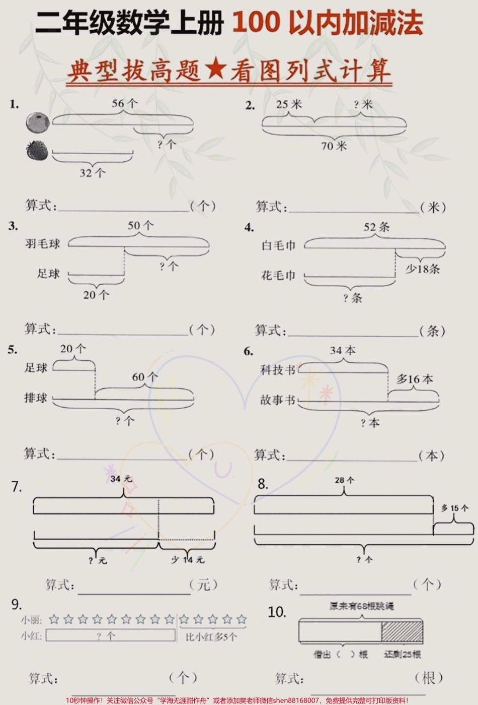 二年级数学上册100以内加减法之看图列式和线段图列式拔高练习#二年级上册数学 #二年级#线段图 #看图列式计算.pdf_第1页