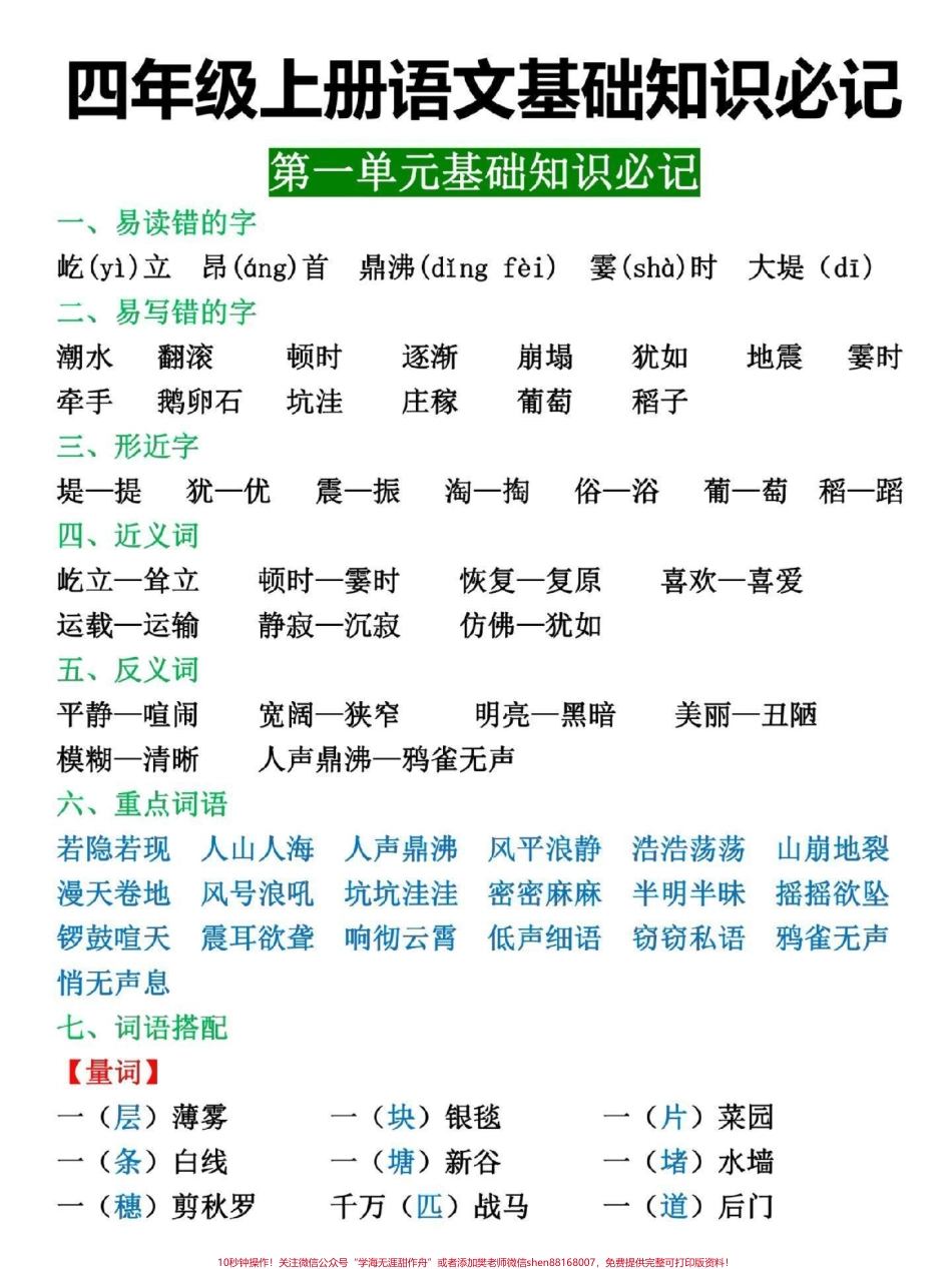 四年级上册语文各单元必记基础知识汇总#四年级 #四年级语文 #四年级上册语文 #小学语文 #小学语文知识点.pdf_第1页