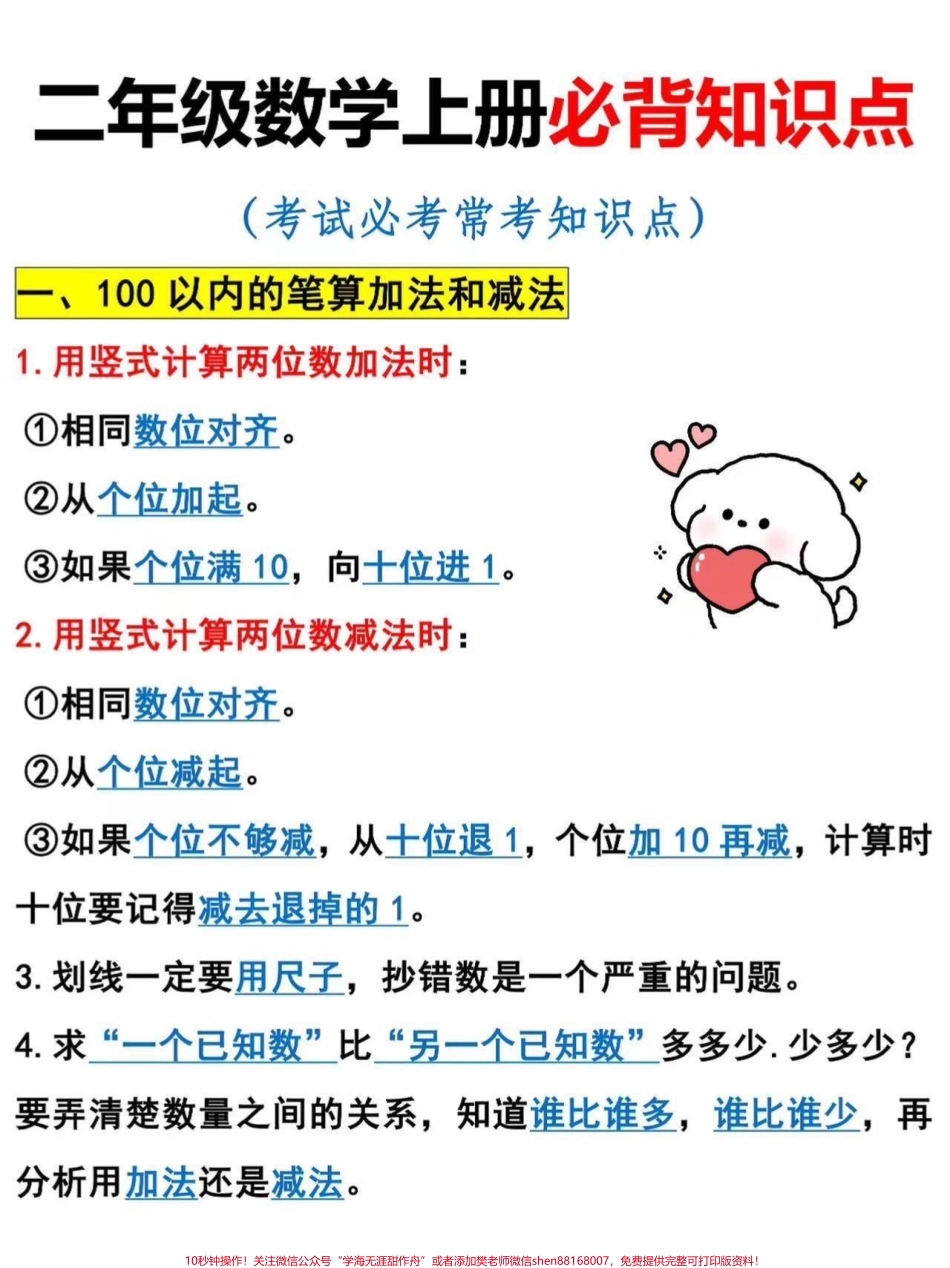 二年级数学上册必背知识点二年级上册数学常考必考知识点老师给大家整理出来了家长给孩子打印一份出来学习都是考试常考必考知识点有电子版可打印家长快给孩子打印出来学习吧！#知识点总结 #二年级 #数学 @抖音小助手.pdf_第2页