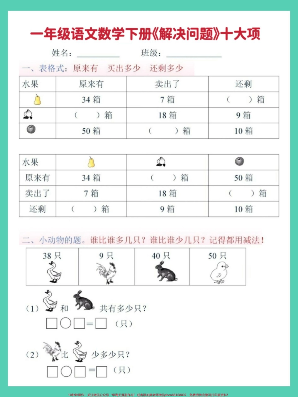 一年级数学下册期末必考解决问题专项检测卷#一年级解决问题 #期末复习 #必考考点 #解决问题专项练习 #一年级数学易错题汇总.pdf_第2页