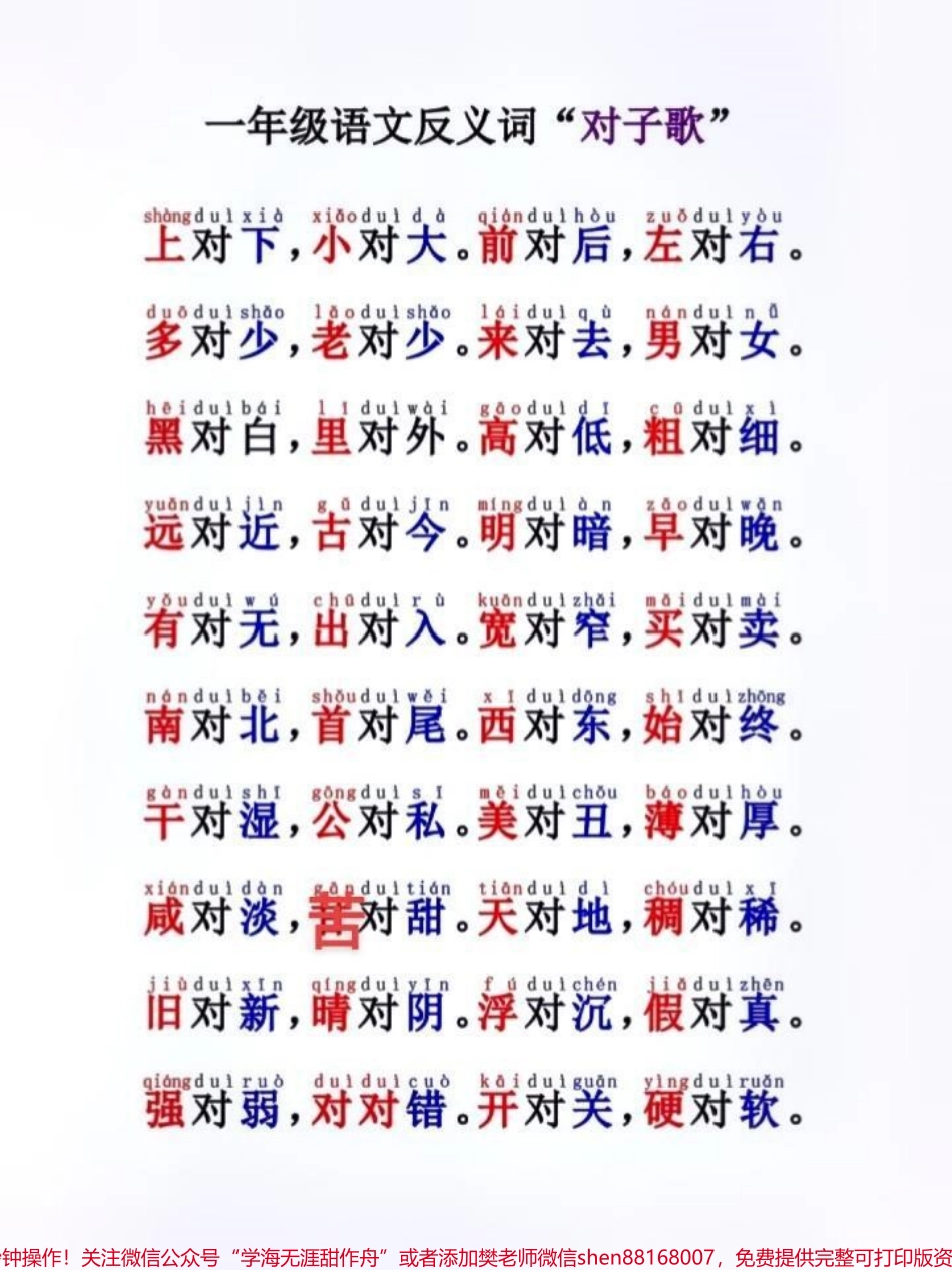 一年级反义词对子歌可打印出来让孩子学习#一年级语文 #每天学习一点点 #家长必读 #词语积累.pdf_第1页