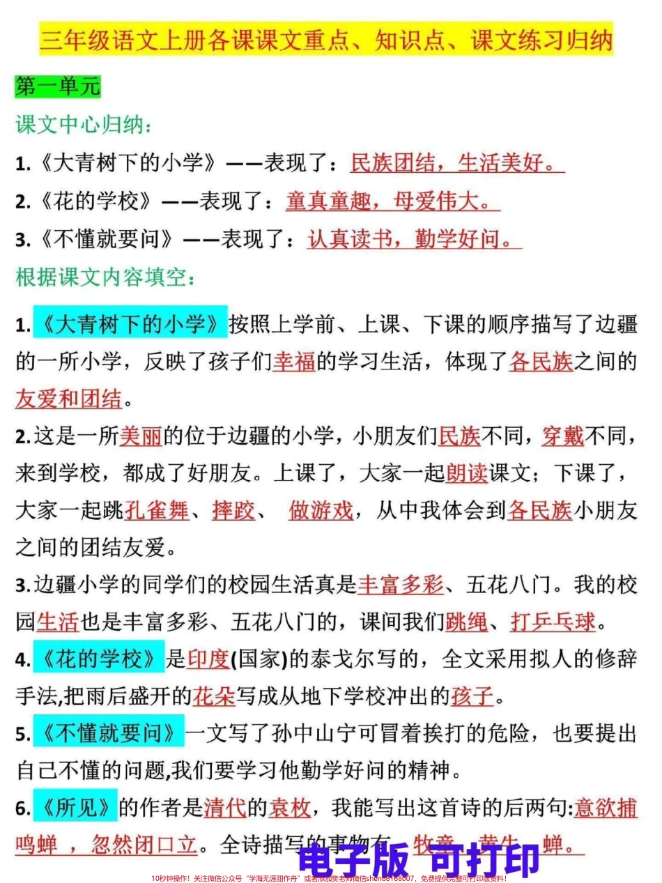 三年级上册语文期末复习重难点三年级上册语文各课文重点知识点归纳总结1-8单元都有总结家长可打印一份给孩子熟记#三年级 #家长收藏孩子受益 #三年级上册 #三年级语文重点归纳 #三年级语文.pdf_第1页