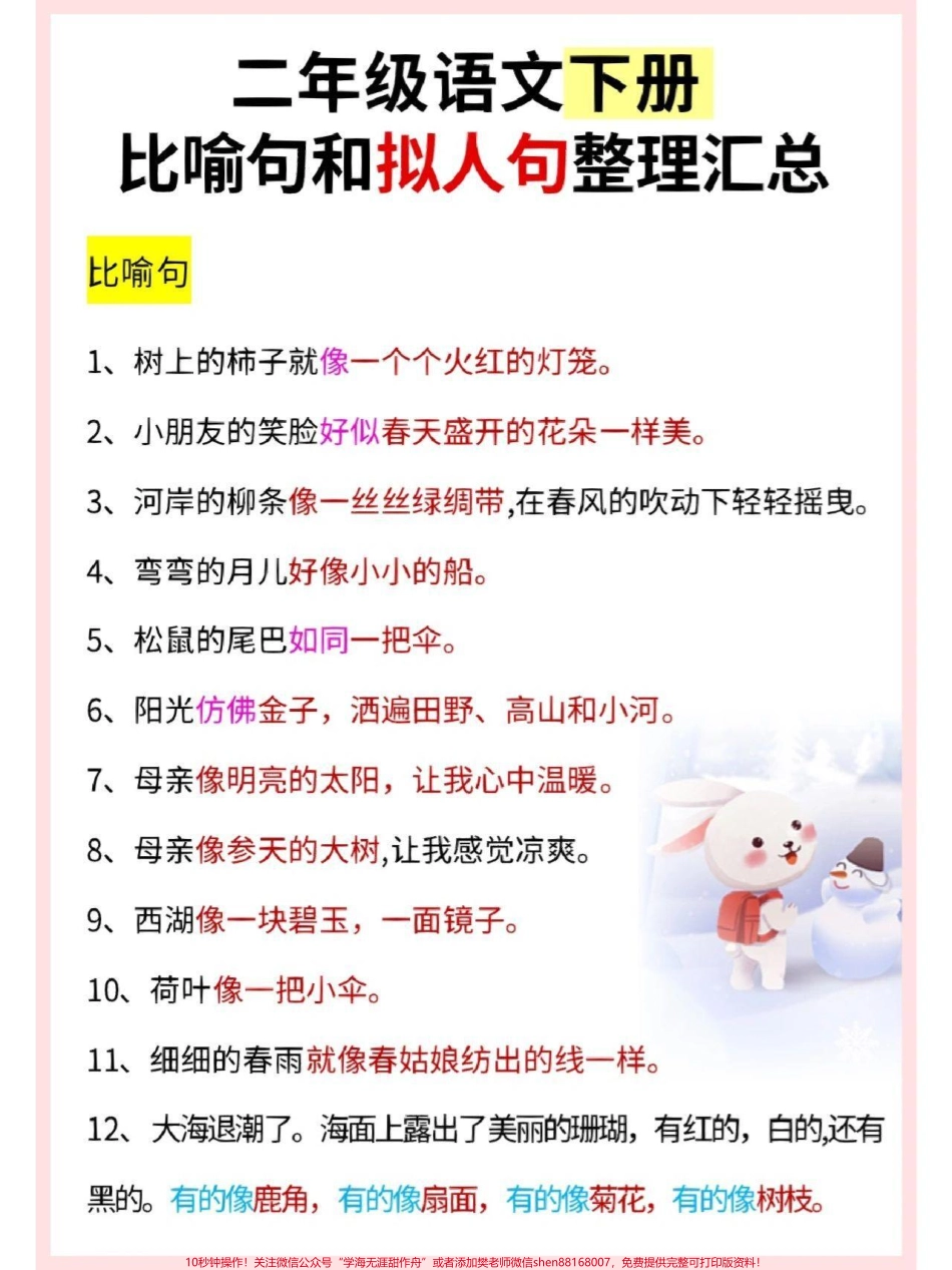 二年级下册语文比喻句和拟人句汇总整理#教育 #学习 #每天学习一点点 #家长收藏孩子受益 #知识点总结.pdf_第1页