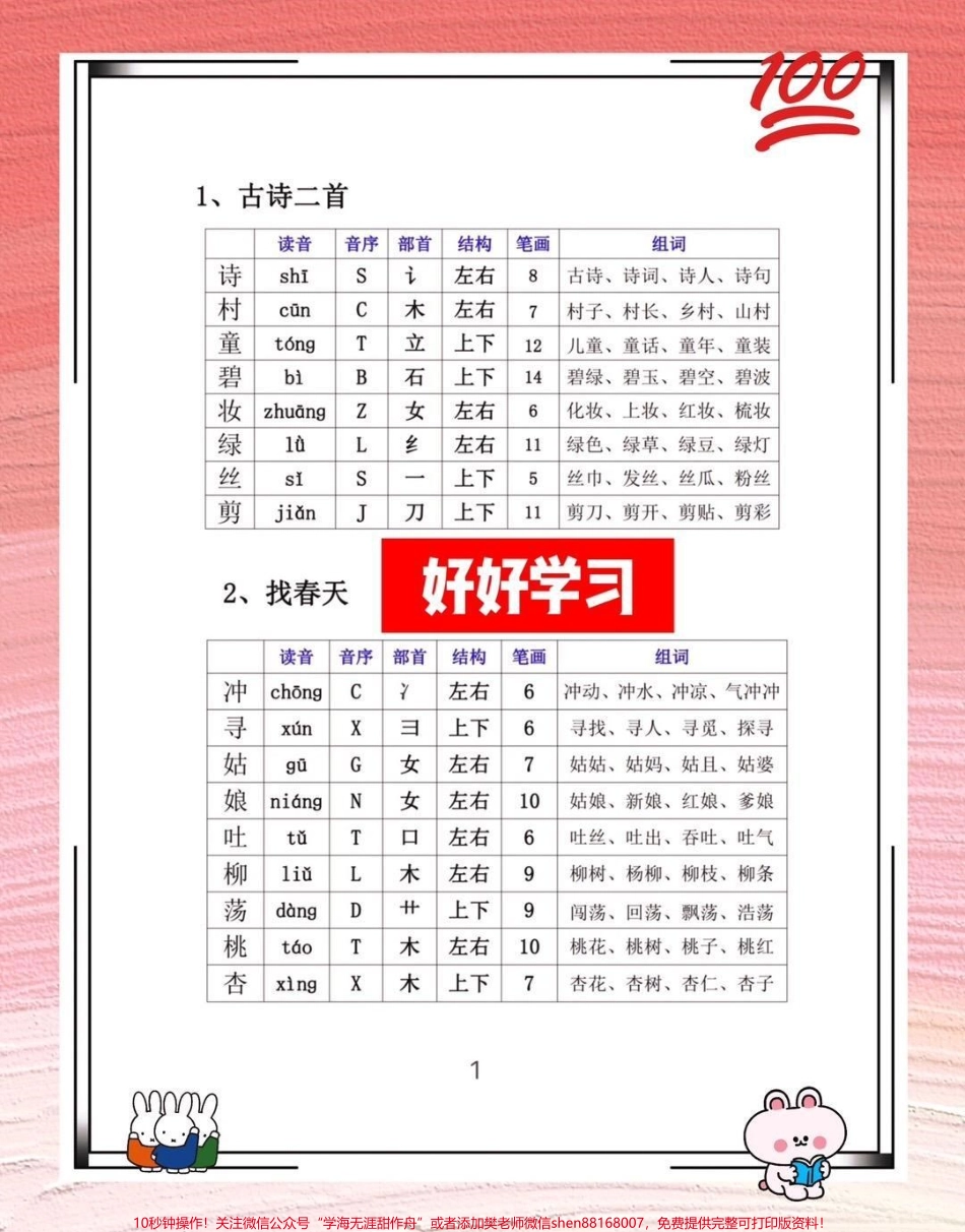 二年级语文下册生字电子版共24页可打印 结构 笔画 组词开学预习资料家长打印出来给孩子学习！#二年级语文 #预习 #同步生字 #小学语文知识点 #开学季.pdf_第2页