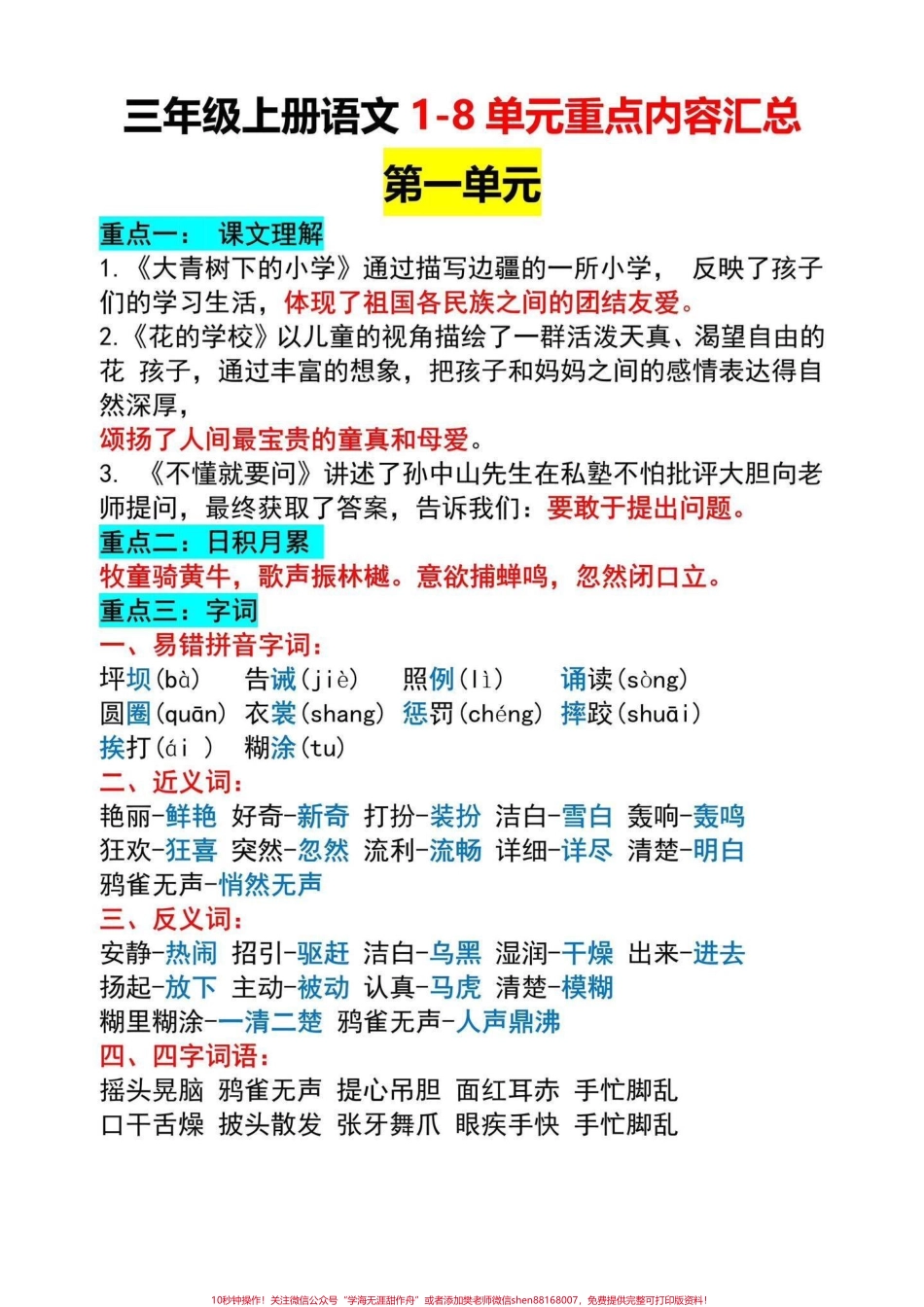三年级上册语文1-8单元知识点总结三年级上册1-8单元知识点汇总给同学们整理好了都是考试常考内容打印一份给孩子读一读背一背考试不丢基础分#三年级语文 #三年级上册语文 #知识点总结.pdf_第1页
