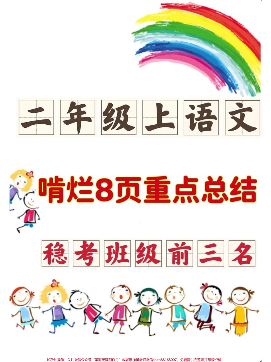 二年级语文上册1-8单元重点知识总结‼️班主任推荐‼️二年级语文学习重点知识总结词语积累近义词反义词课文中心思想都整理出来了‼️#二年级上册语文 #二年级语文上册 #二年级 #二年级语文上册知识归纳 #词语积累 @DOU+小助手.pdf_第1页