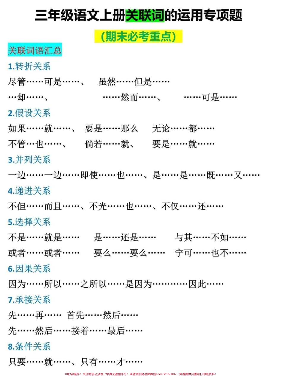 三年级上册语文寒假复习这是一份三年级上册语文关联词专项训练总结了各类关键词40多道典型题目家长可打印给孩子练习#三年级 #三年级上册 #三年级语文重点归纳 #寒假来了 #三年级语文.pdf_第1页