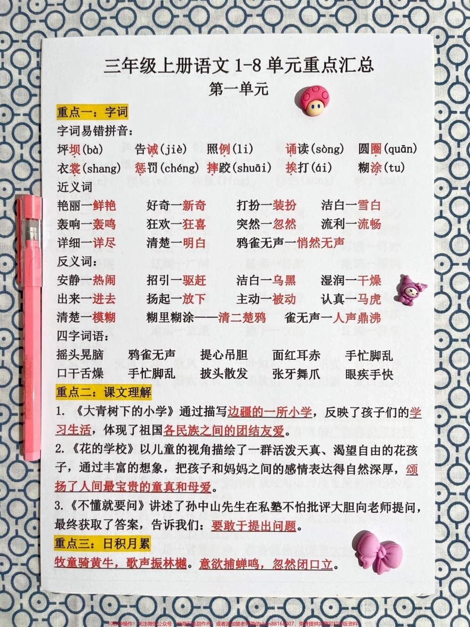 三年级语文上册1-8单元重点总结已准备就这份总结由语文老师精心整理涵盖了三年级上学期1-8单元的重点考点内容这是一份完整的版本可供家长们打印出来给孩子学习#三年级上册语文 #知识点总结 #三年级语文重点归纳 #必考考点 #三年级.pdf_第2页