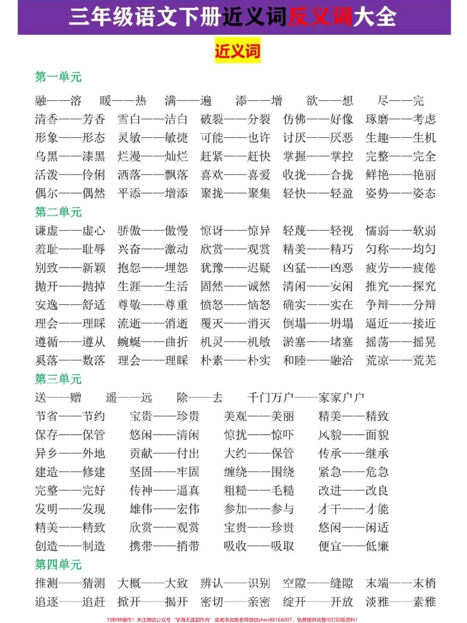 三年级语文下册近义词反义词大全三年级下册语文全册近反义词一网打尽分类学习#三年级语文 #三年级 #家长收藏孩子受益 #三年级语文下册 #三年级下册语文.pdf_第1页