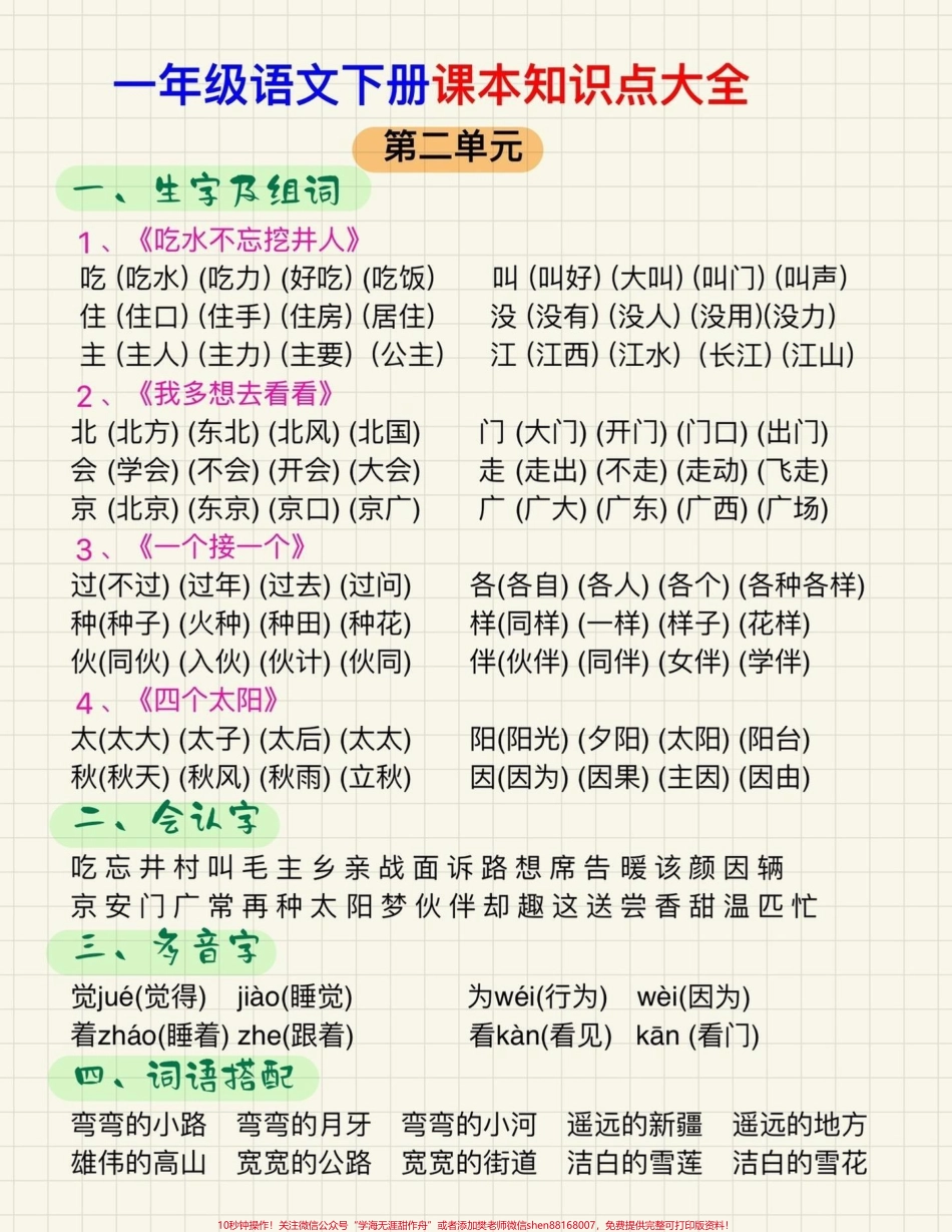 一年级下册语文重点难点知识汇总1-4单元语文是一个不断积累的过程需要每天不断学习日拱一卒过一段时间你就会发现你的努力是值得的#关注我持续更新小学知识 #知识点总结 #小学语文知识点 #一年级重点知识归纳 #学习资料分享 @抖音小助手 @抖音热点 @抖音创作者中心.pdf_第2页