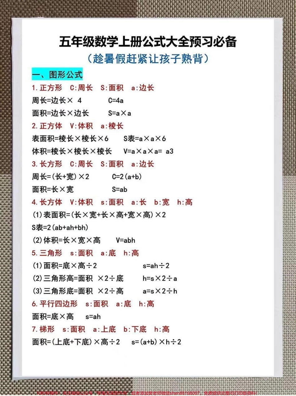 小学五年级上册必备数学公式和重点预习整理了一份五年级必备数学公式大全和数学重点预习公式趁着暑假赶紧打印给孩子提前预习熟背吧！！#暑假充电计划 #暑假预习 #四升五暑假计划#五年级上册数学 #知识点总结.pdf_第1页