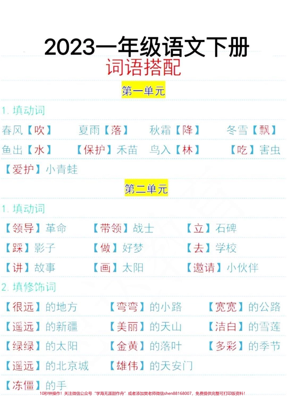 一年级下册语文全册词语搭配整理+第一单元同步测试卷练习#小学语文 #教育 #单元测试卷 #每天学习一点点 #学习.pdf_第1页