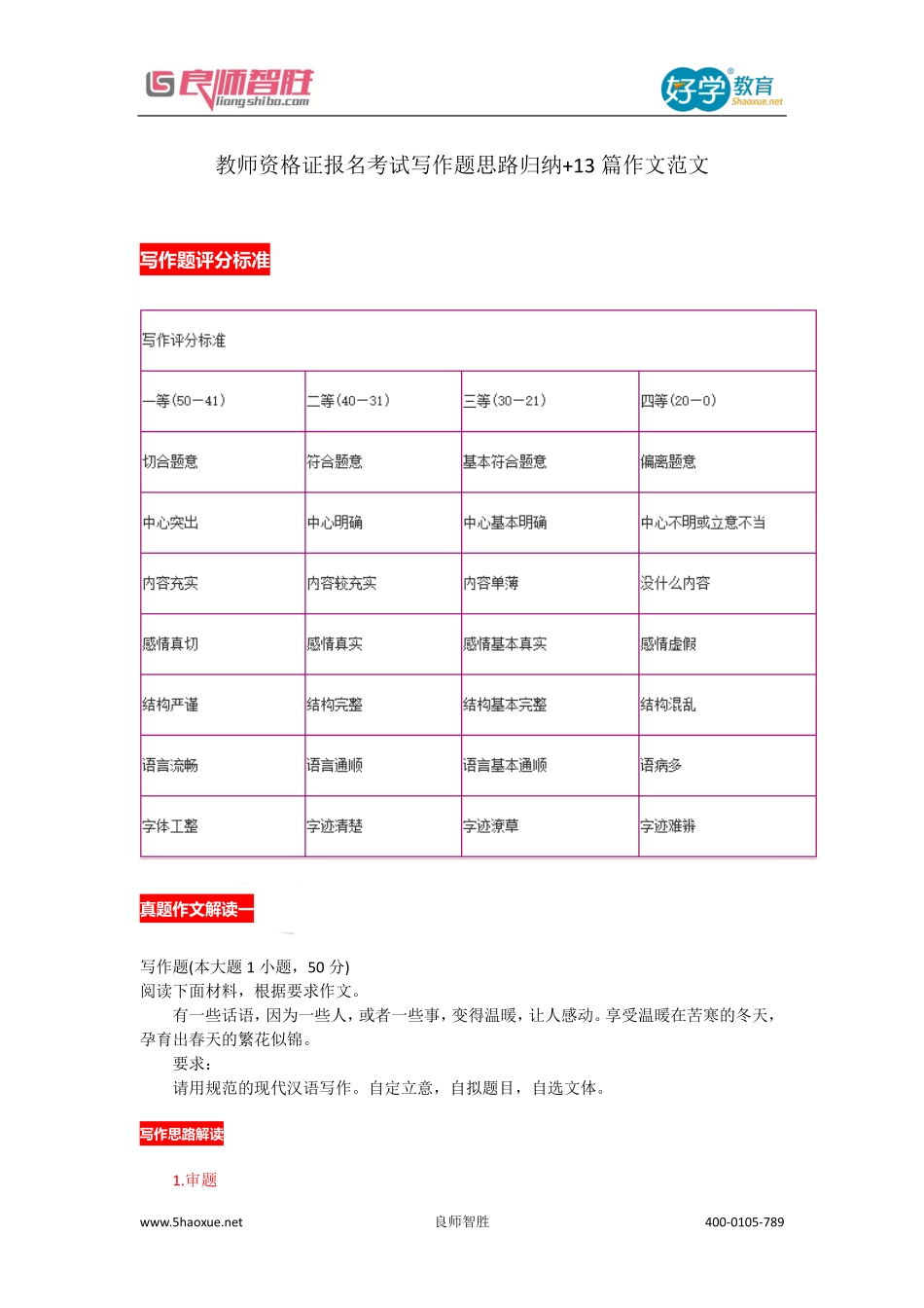 教师资格证报名考试写作题思路归纳+13篇作文范文—良师智胜出品.pdf_第1页