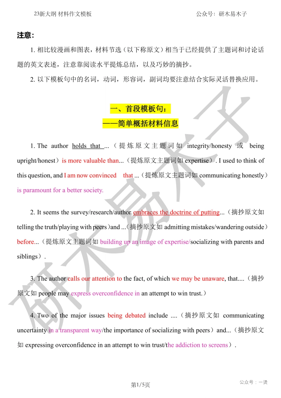 冲刺资料二《大作文新题型：材料评论类 模板句》(1).pdf_第1页